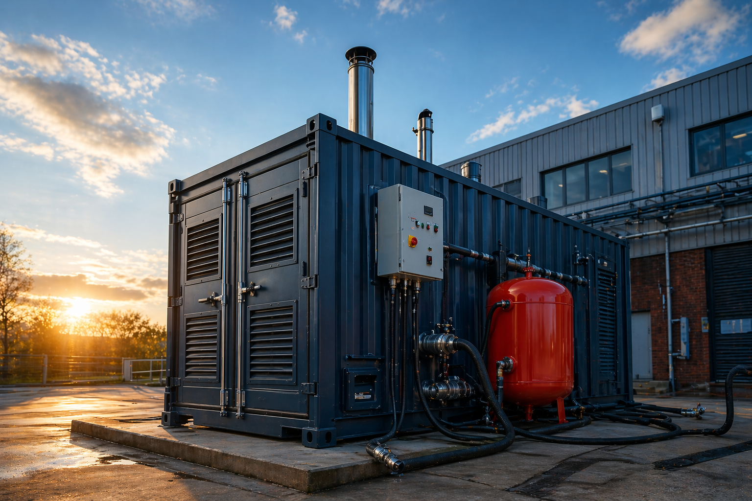 100kW temporary boiler hire unit connection side
